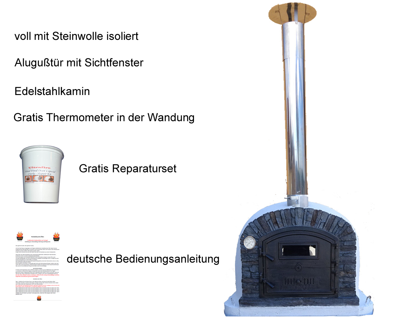 Holzbackofen Venturablack mit Edelstahlkamin, regenhut, Wandthermometer und Reparaturset für Haarrisse